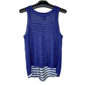 Central Park West Linen Striped Split Back Knit Tank Small